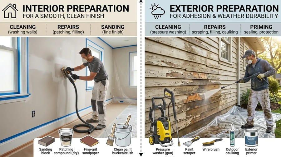 Different surface preparation for exterior and interior painting