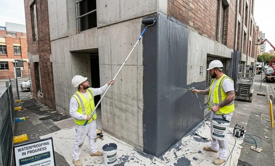 Painter applying waterproofing membrane coating external paint